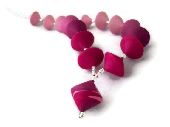 Polymer clay necklace pink and fuschia bicone beads handmade polymer clay unique