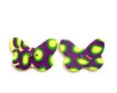 Butterfly buttons two yellow and purple with green polymer clay closures