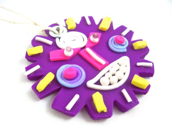 Funny face pendant or ornament violet, yellow, white, pink polymer clay round pendant