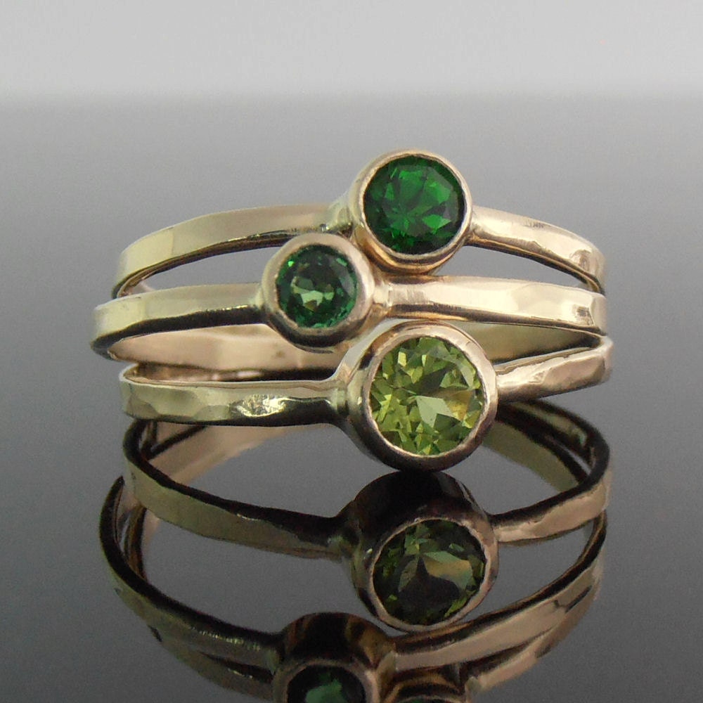 Peridot, Chrome Diopside, Tsavorite and 14k Gold Stack Ring Set