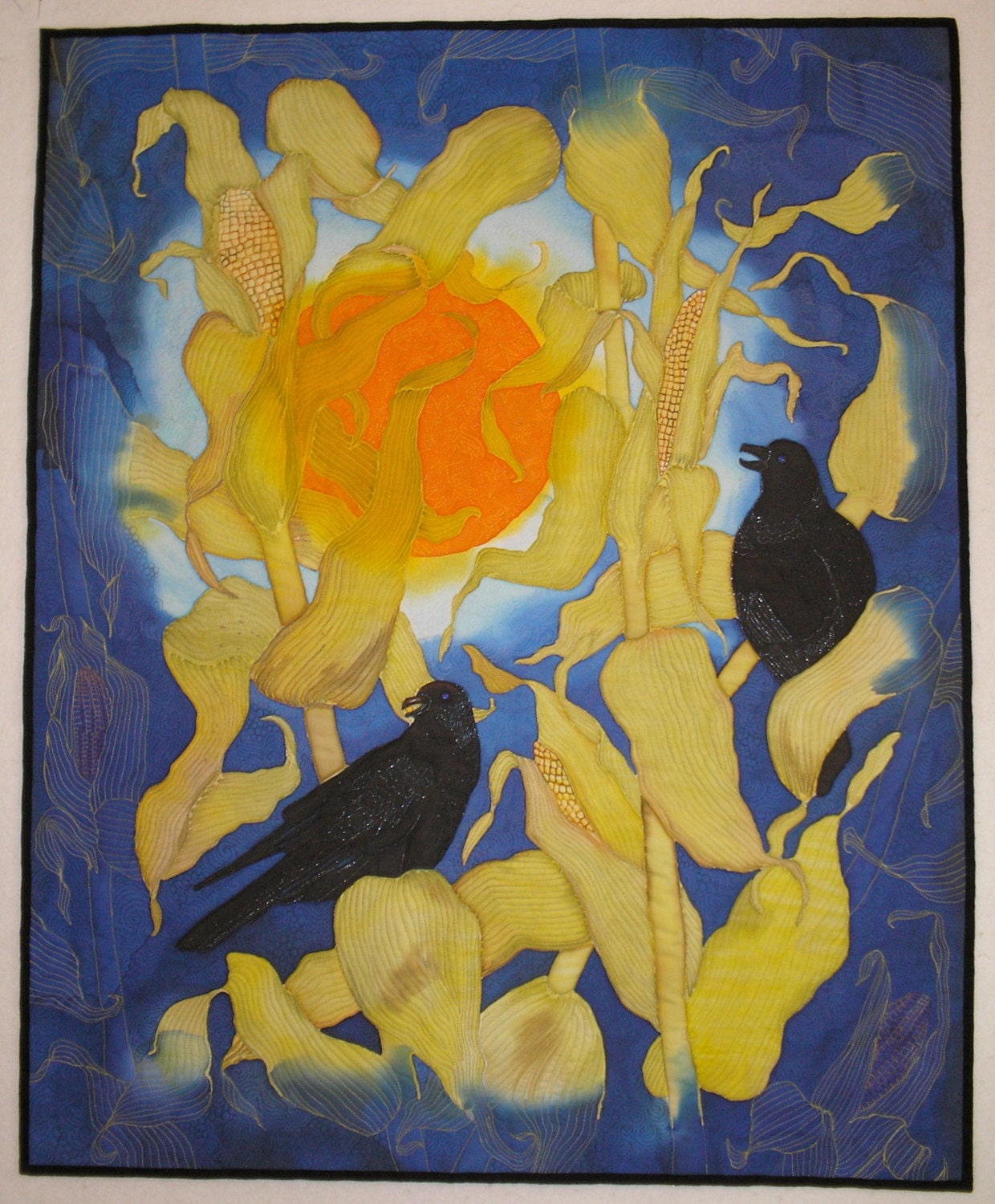 Wall Hanging  "Two Tenacious Crows" Art Quilt Hand Painted On Cotton
