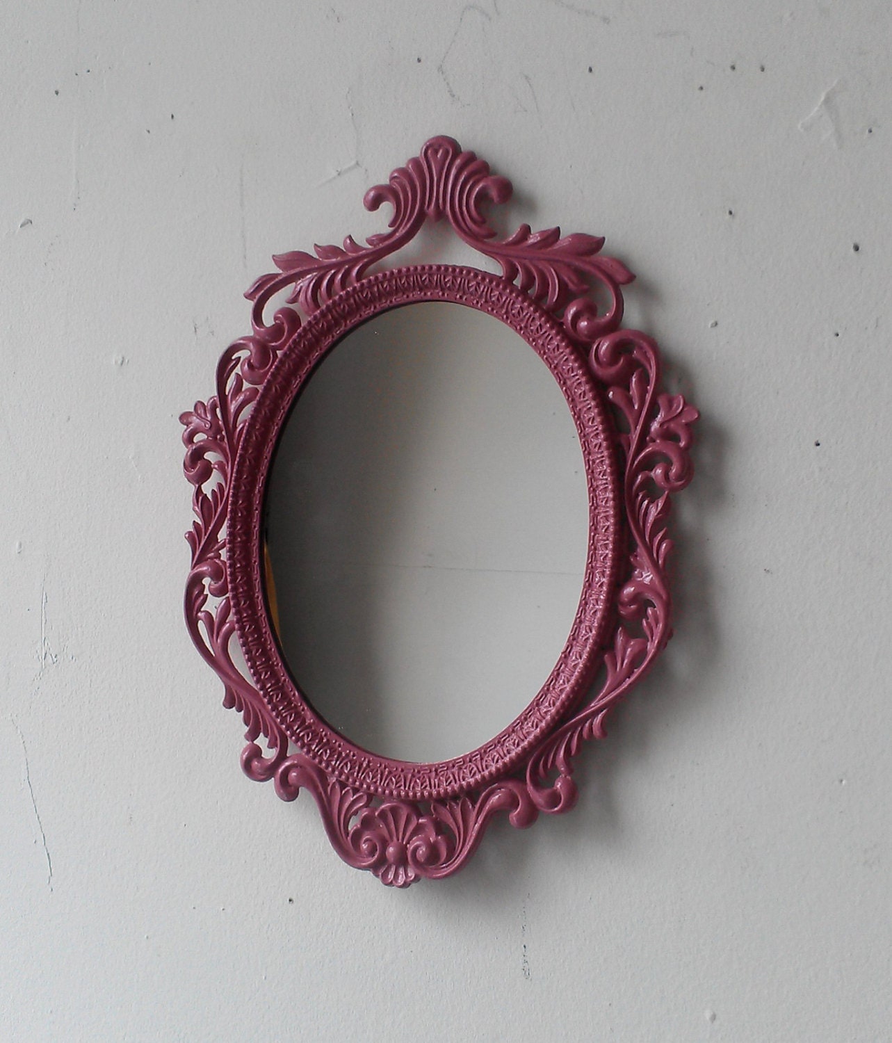 Ornate Mirror in Vintage Italian Brass Oval Frame - Plum Mauve 10 by 8 Inches