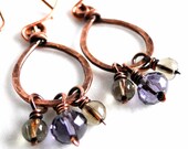 Handcrafted Earrings, Teardrop Earrings, Antiqued Copper, Wire Wrapped Jewelry, Purple and Grey Glass, Fringe Earrings