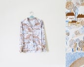 vintage 1970s shirt // novelty print // town village // neutral colors // brown and blue // size medium m