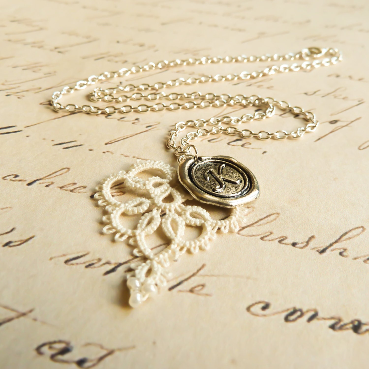 Personalized necklace pendant initial monogram letter - handmade lace jewelry retro rustic gift for bridesmaid wedding mother day - ivory