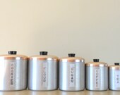 vintage 1950s five piece maid of honor aluminum and copper nesting canister set - retro kitchen