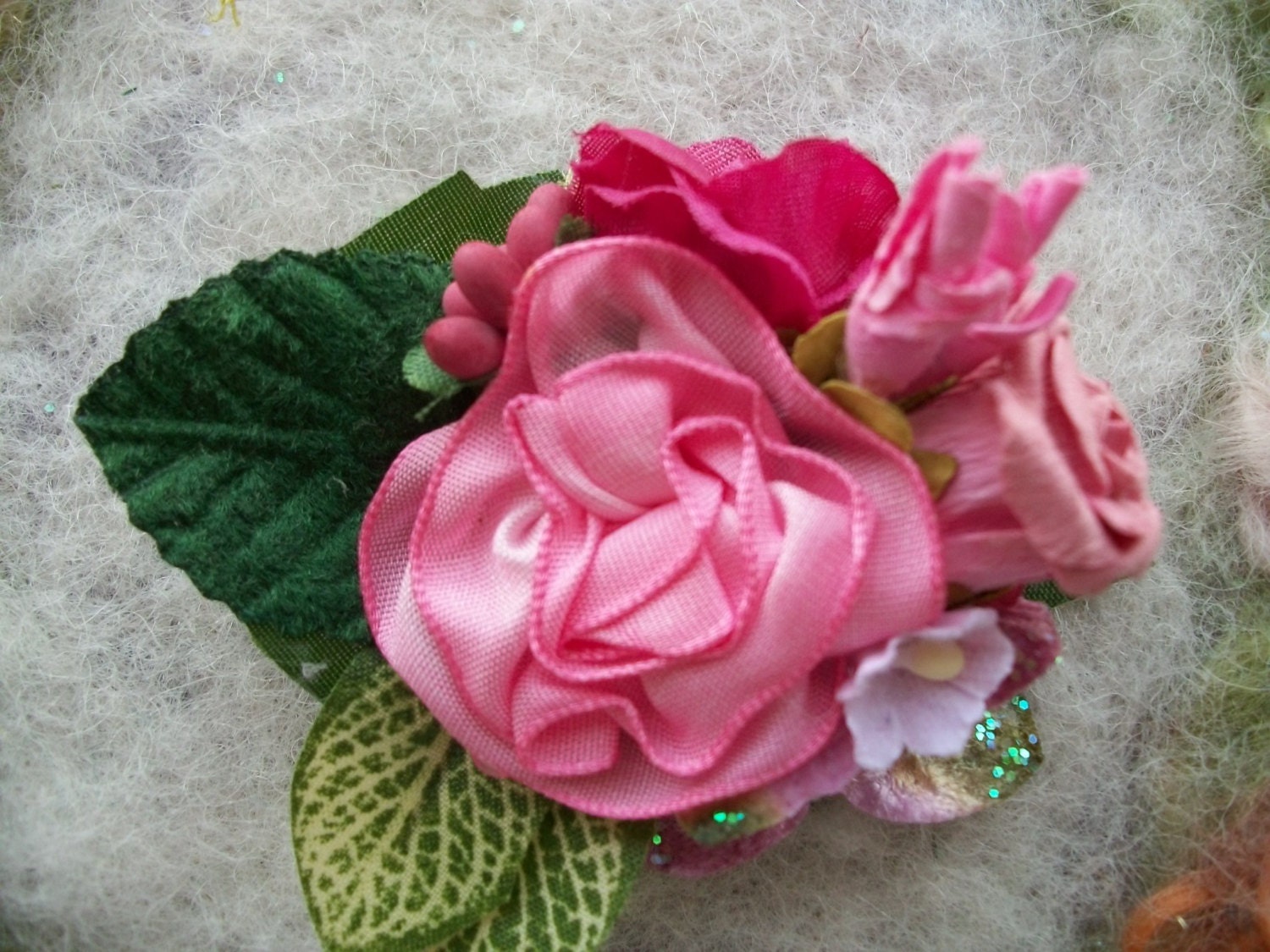 Hair Clip, Pink Flower Fairy with Ribbon Rose