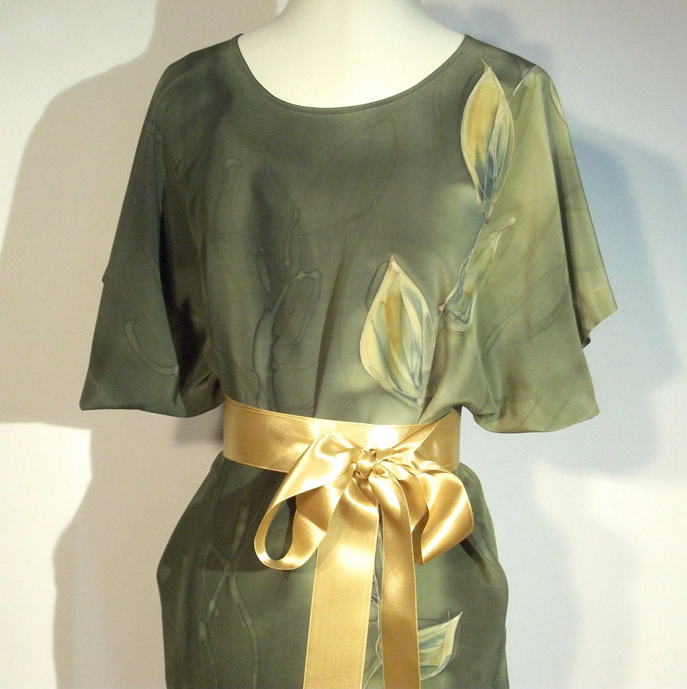 Blouse  Handpainted Luxurious Crepe de Chine Silk Olive Green Abstract Floral