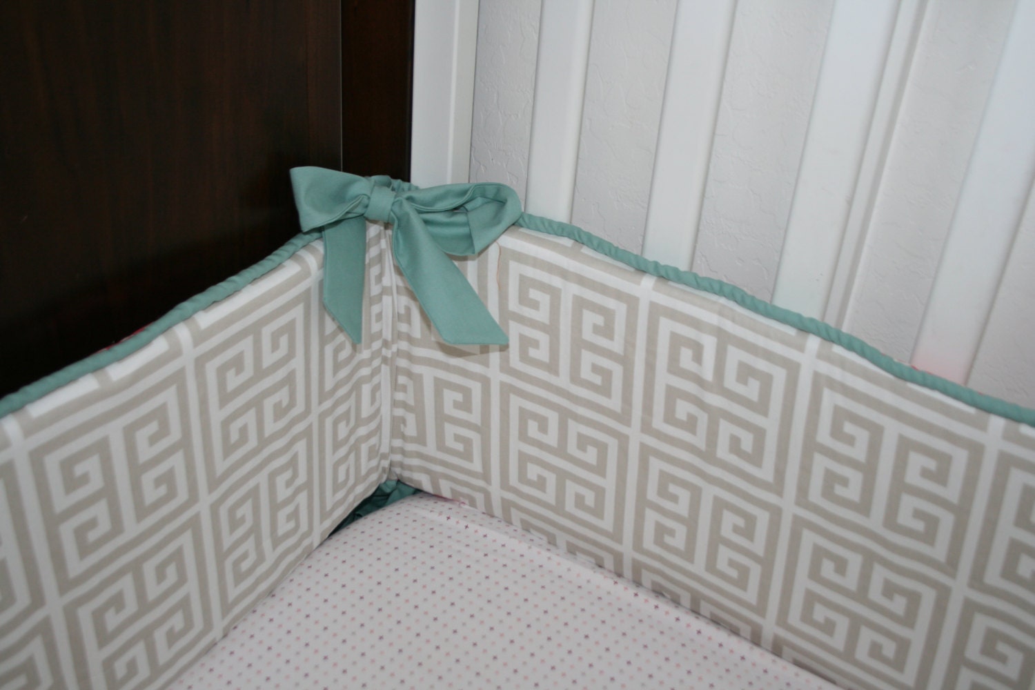 Greek Key Crib Bumper- Pick your details- BOY OR GIRL