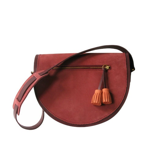 Zig Zag leather Saddle bag, Burgundy red, tassels, leather bag, tote bag, shoulder bag, suede