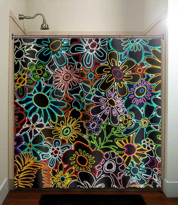 retro chic multi color floral neon flowers shower curtain bathroom decor fabric kids bath white black custom duvet cover rug mat window