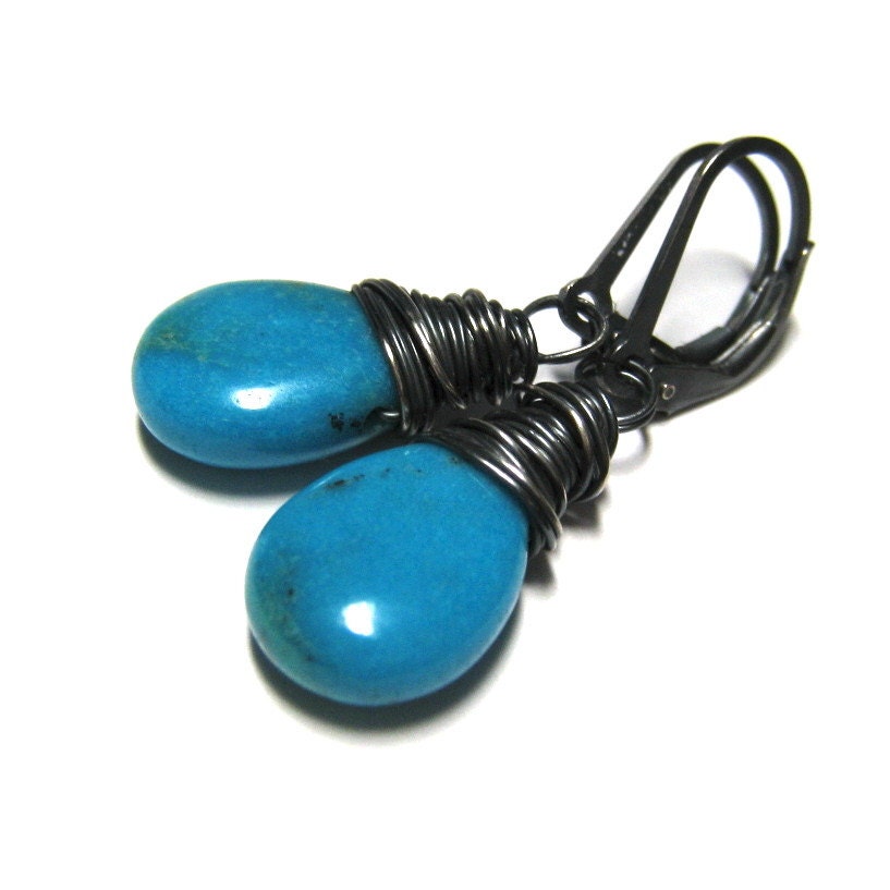 Turquoise Earrings Sterling Silver , Blue Arizona Turquoise Smooth Briolette,  December Birthstone Jewelry,  Wire Wrapped Dangle Earrings