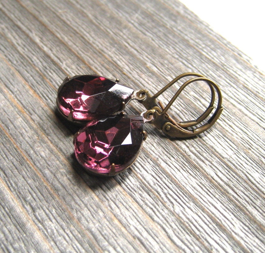 Large Rhinestone Earrings, Vintage Amethyst Crystal,  February Birthstone,  Purple Earrings Estate Style,  Brass Settings