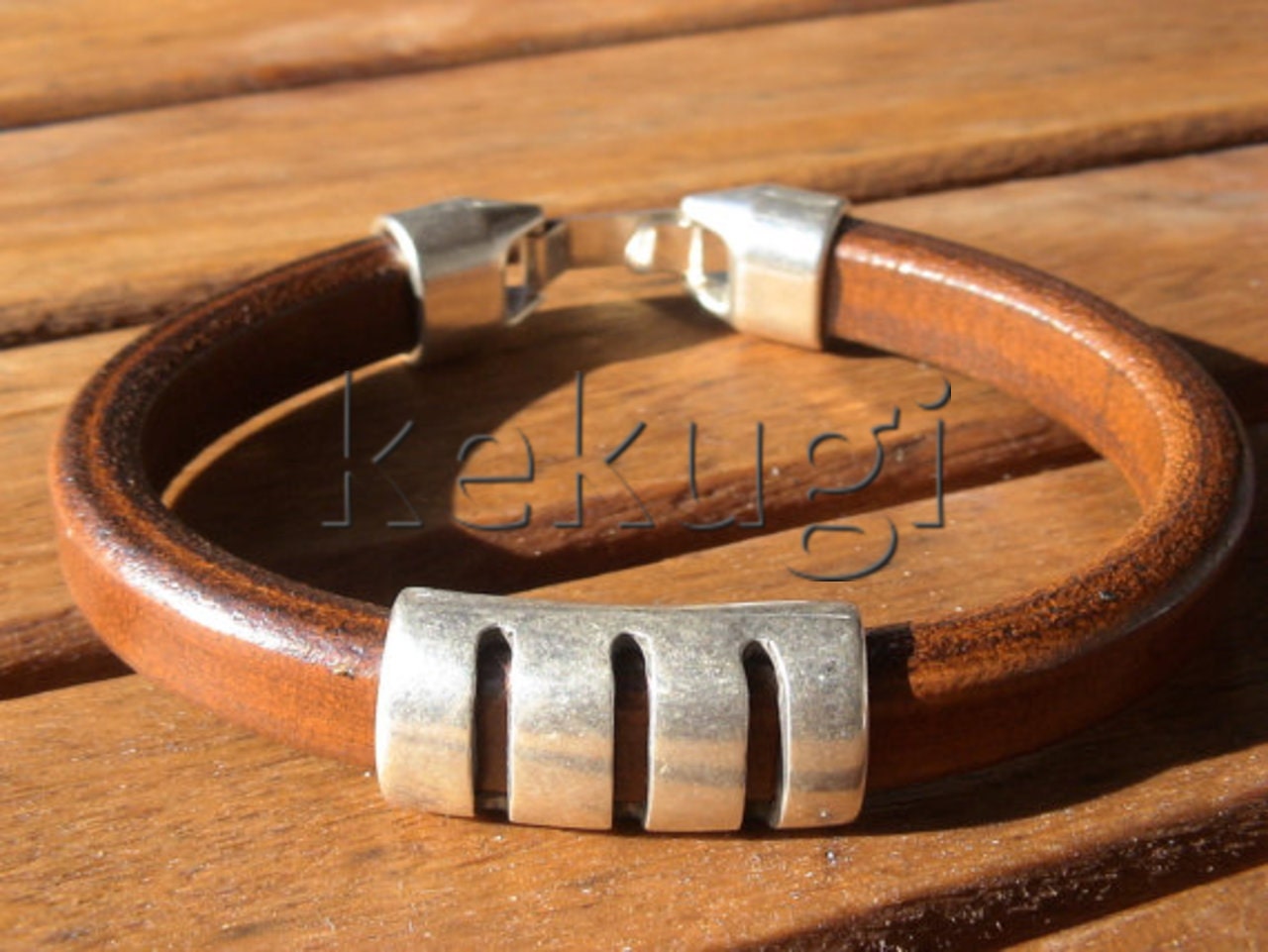 camel brown mens leather bracelet with sterling silver plated tube spacer