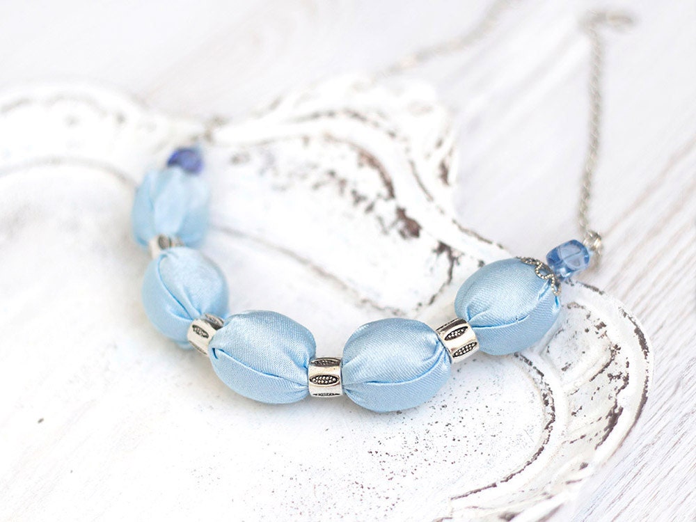 Light blue fabric bead necklace textile necklace