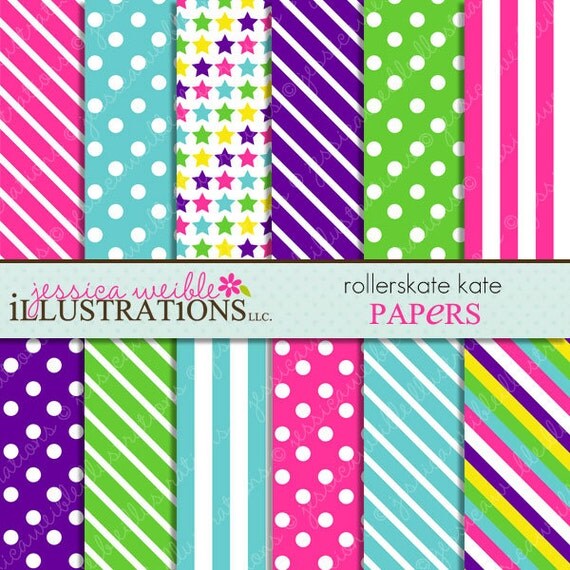 Rollerskate Kate Cute Digital Papers Backgrounds for Invitations, Card Design, Scrapbooking, and Web Design Il_570xn