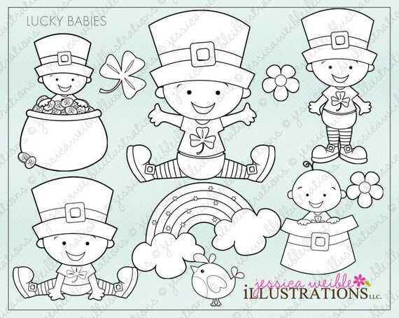 Lucky Babies Cute Digital Line Art Stamps, Black and White Line Art, Digital Stamps, St Patricks Day Il_570xn