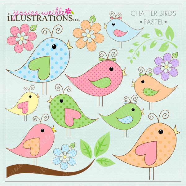 Pastel Chatter Birds Cute Digital Clipart for Card Design, Scrapbooking, and Web Design Il_570xn