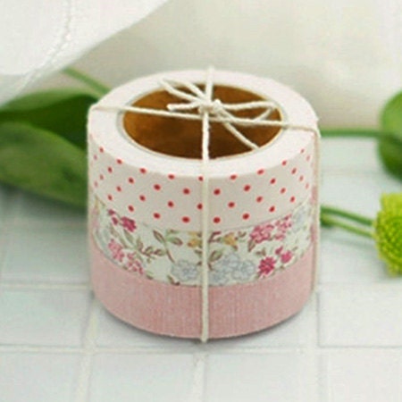 3 Set - Haze Pink Flower Dot Adhesive Fabric Tapes (0.6in)