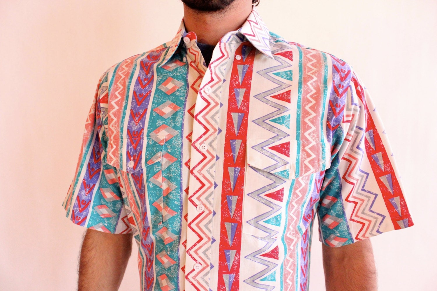 GEOMETRIC WRANGLER 80s Abstract Neon Southwestern Geometric Button Up Shirt