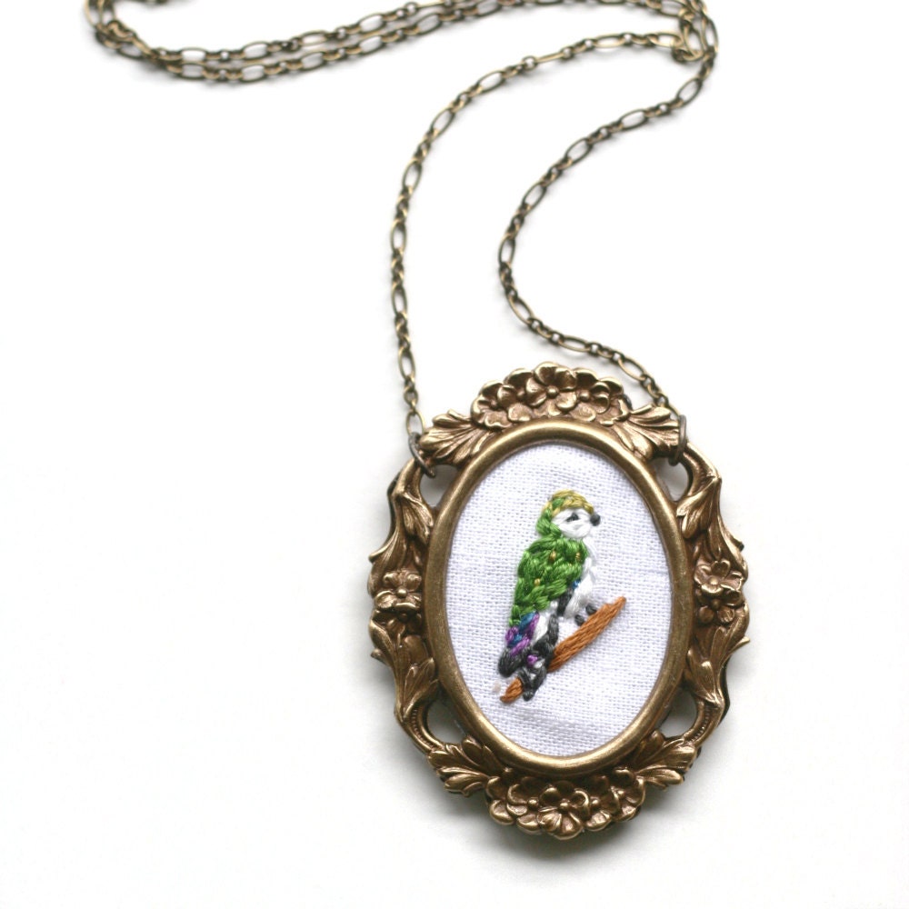 Mrs. Swallow- hand embroidered necklace, bird, woodland, bright, colorful necklace
