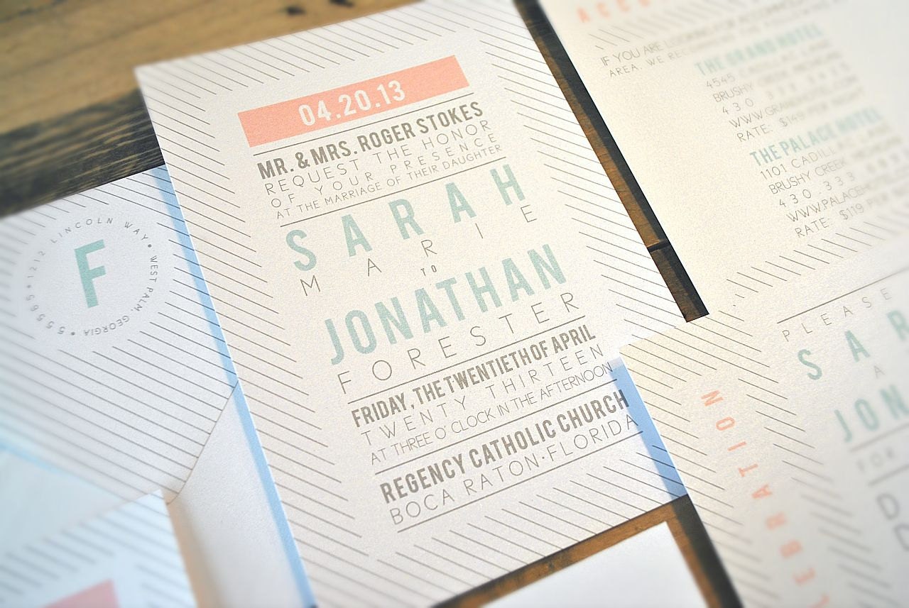 Faye Wedding Invitation Suite with Stripes - White, Grey, Aqua and Pale Pink (text and colors are customizable)