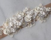 Ivory and Champagne Sash, Bridal Sash, Wedding Belt, Rhinestone and Pearl Flower Sash with Lace - BROOKE