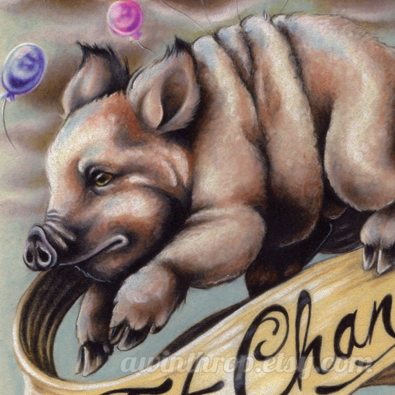 Flying Pig & Balloons Illustration 5"x7" Giclee Print - "Fat Chance"