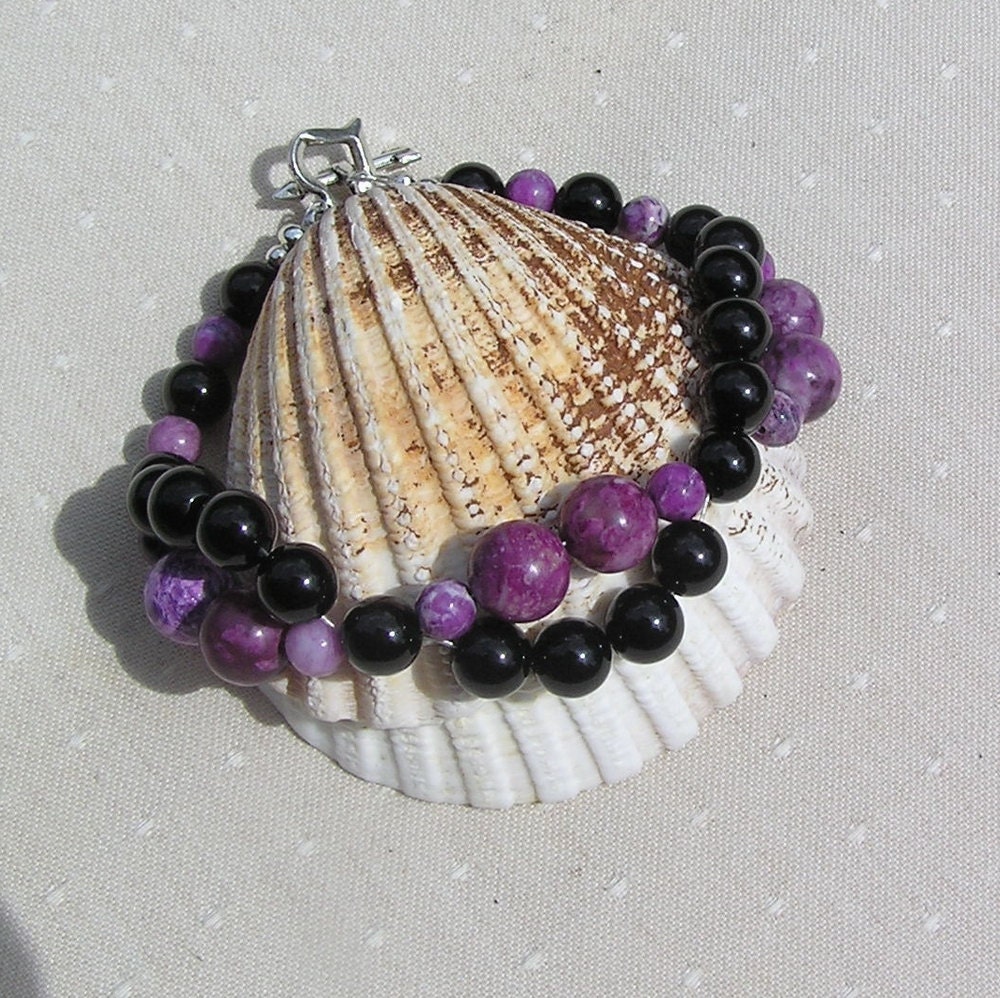 Black Onyx & Purple Sugilite Crystal Gemstone Bracelet - "Black Heather"