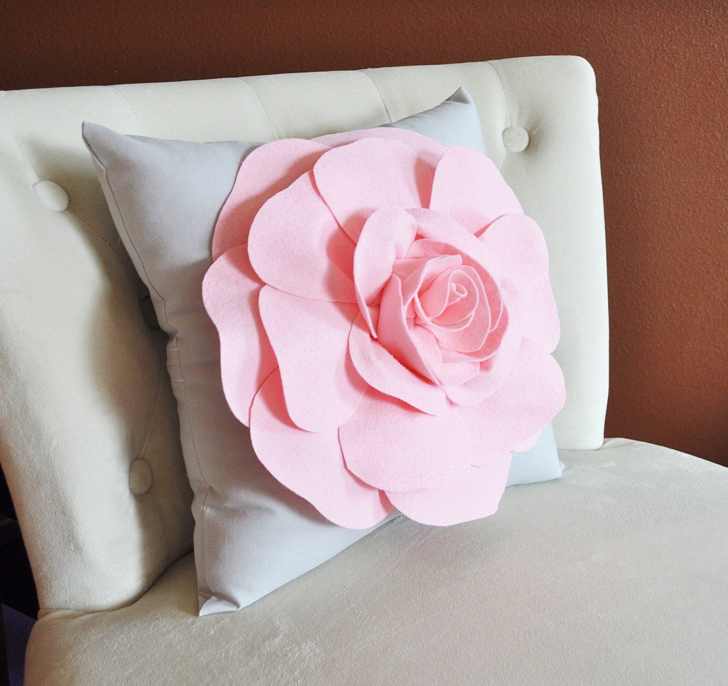 Light Pink Rose on Light Grey Pillow 16x16