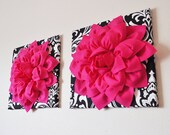 TWO Wall Flowers -Hot Pink Dahlia Flowers on Black and White Damask Print 12 x12" Canvas Wall Art- Baby Nursery Wall Decor-