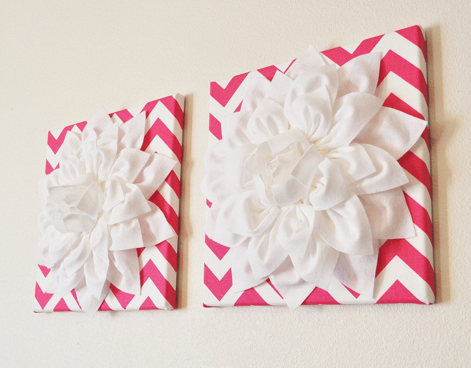 TWO Wall Hangings -White Dahlia on Hot Pink and White Chevron 12 x12" Canvas Wall Art- Baby Nursery Wall Decor-