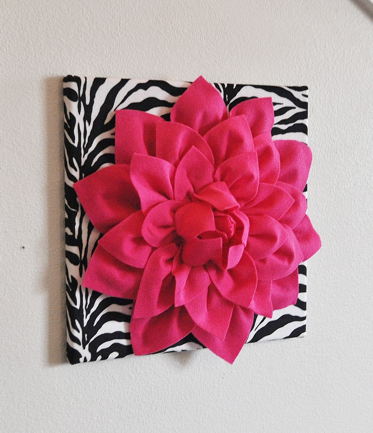Hot Pink Wall Hanging -Hot Pink Dahlia on Zebra Print 12 x12" Canvas Wall Art- Baby Nursery Wall Decor-