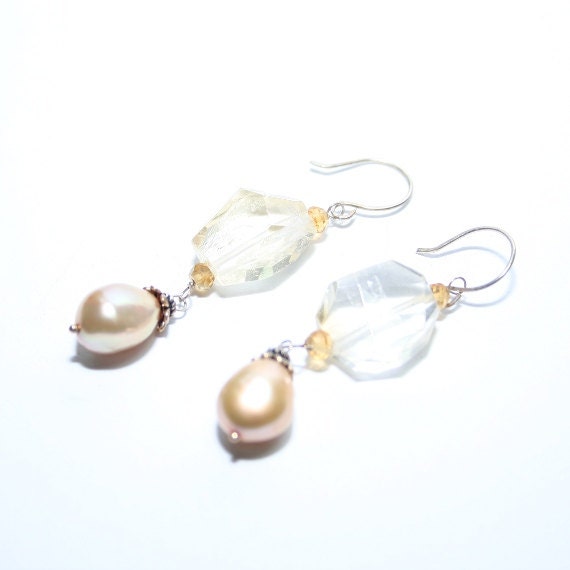 Gemstone Earrings Dangle Citrine Dark Citrine Golden Baroque Freshwater Pearl Sterling Silver Handmade Wire Wrapped Earrings