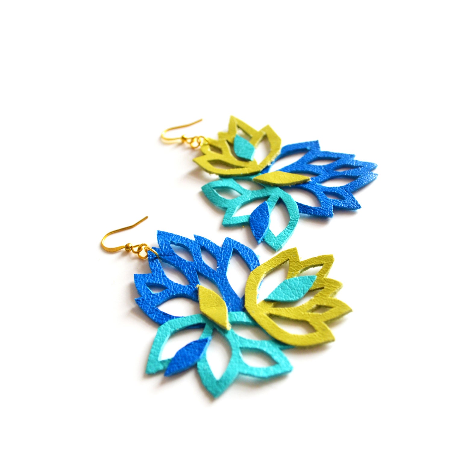 Lace Leather Earrings Color Block Floral and Leaves - Statement Earrings