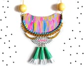 Neon Bib Necklace, Tribal Fringe, Wood Bead, Ombre Dot Pattern, Geometric Brass, Woven Chain Statement Jewelry