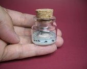 Heart island with a palm tree, there are many fish and a turtle around it in a tiny bottle  light blue