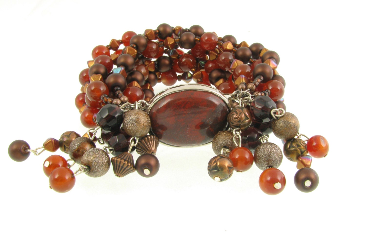 Glass Bead Bracelets-Statement Jewellery-Cuff Style Bracelet-OOAK Bracelet-Handmade Bracelet-Jasper-Carnelian Beads-Red,Brown,Bronze,Ambers