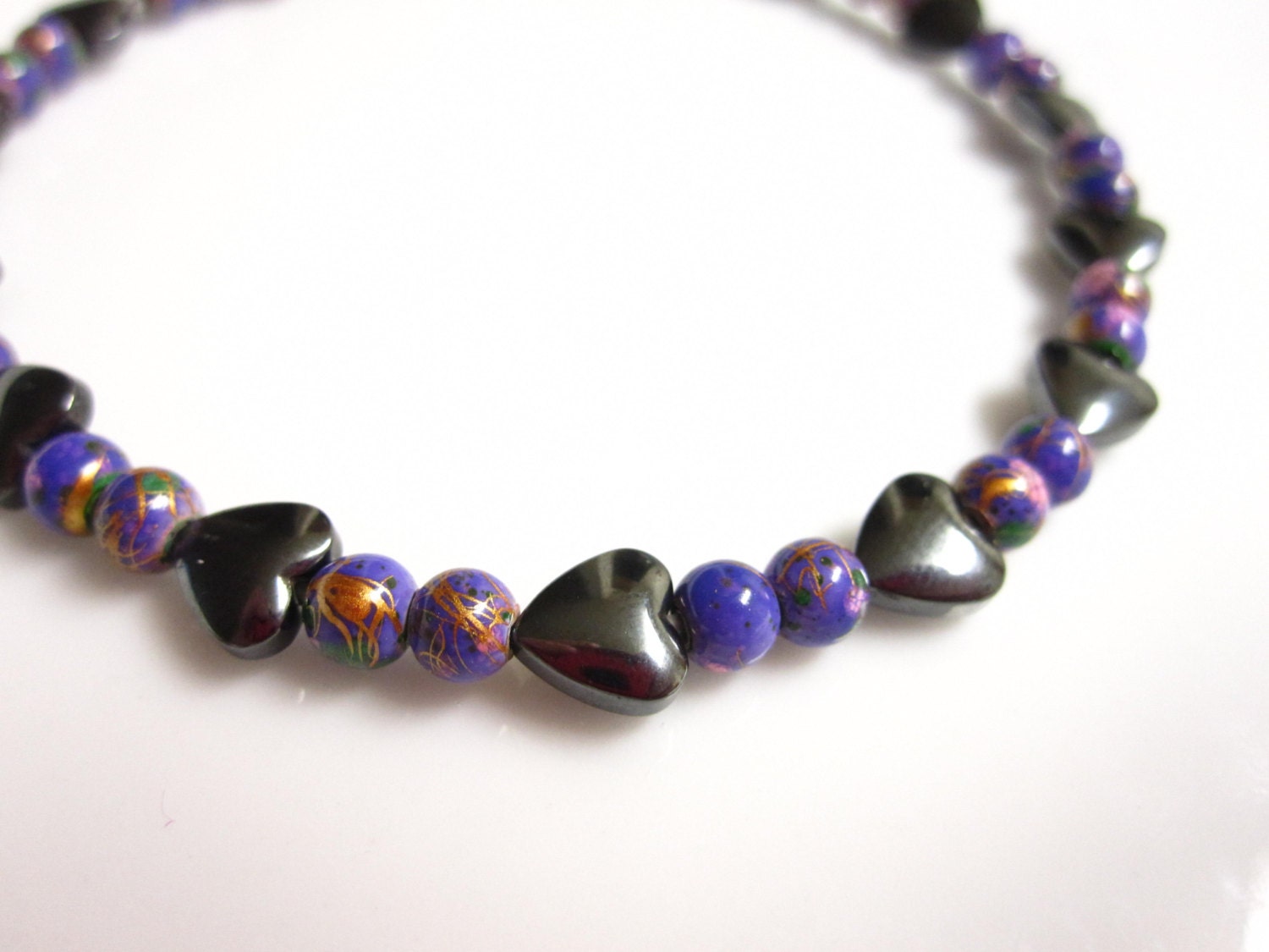 Magnetic Hematite Bracelet - Magnetic Hearts With Turquoise or Purple Beads - Your Choice