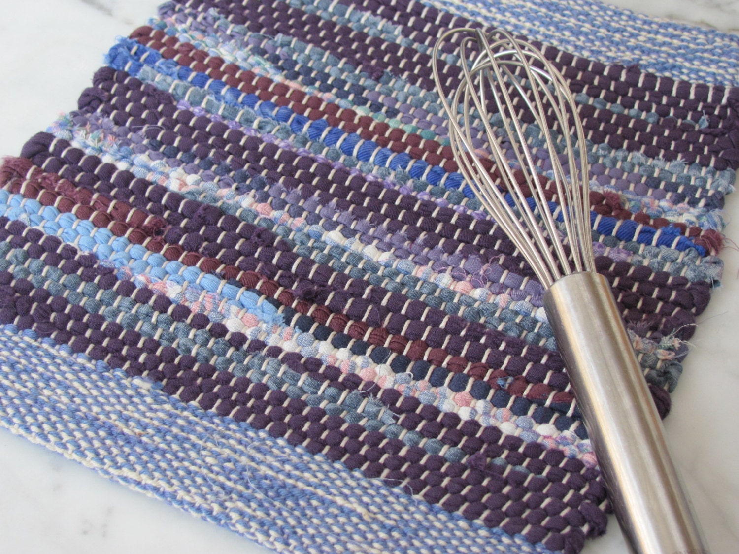Artisan Woven Kitchen Hot Mat, Pot Holder Purple & Blue Berry Recycled Cotton Rag, Cottage, Cabin, Farmhouse Decor, Gourmet Chef, Cuisine