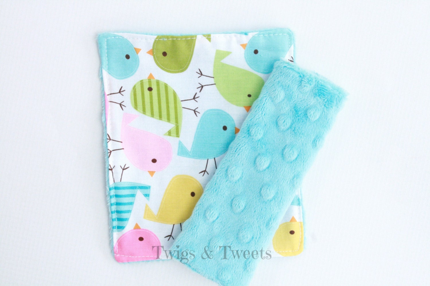 Spring Birds Car Seat Strap Covers on Turquoise Minky Dot