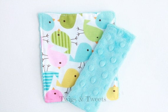 Spring Birds Car Seat Strap Covers on Turquoise Minky Dot