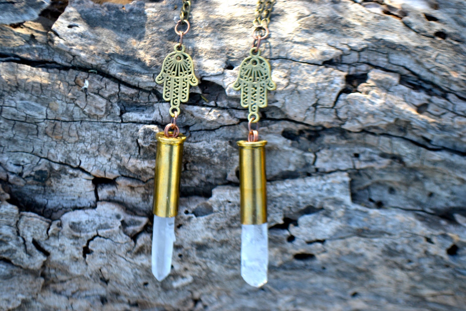 Quartz Crystal Bullet Necklace, Hamsa Hand Necklace