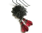 Red Glass Teardrop Earrings with Sunburst Round Filigree Black Brass - Long Victorian Red and Black Earrings - Red Corset