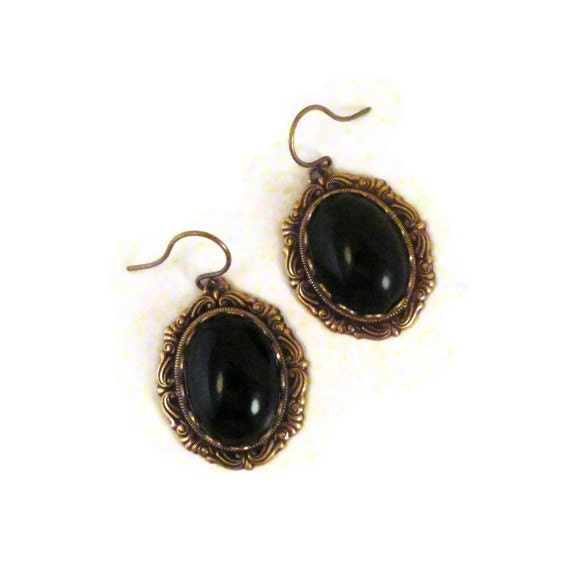 Steam Punk Jewelry Earrings Black and Gold Antiqued Brass Victorian Steampunk Jewelry Filigree Black Earrings