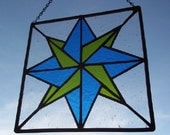 STAINED GLASS - Lime Green and Turquoise Mariners Compass Stained Glass Window Suncatcher Panel