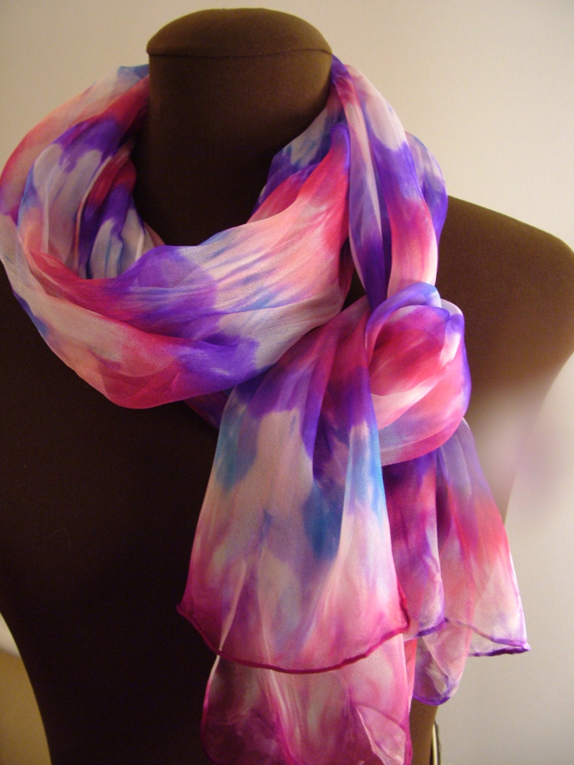 Purple Fuchsia Azure Soft Pink Silk Chiffon Shibori Scarf OOAK