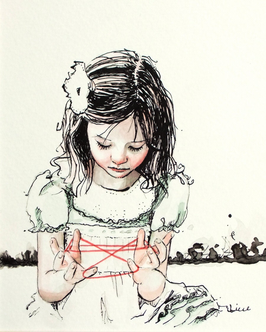 Cat's Cradle" study -- signed (8x10)  Print of an Original Ink and Watercolor Painting by Liese Chavez