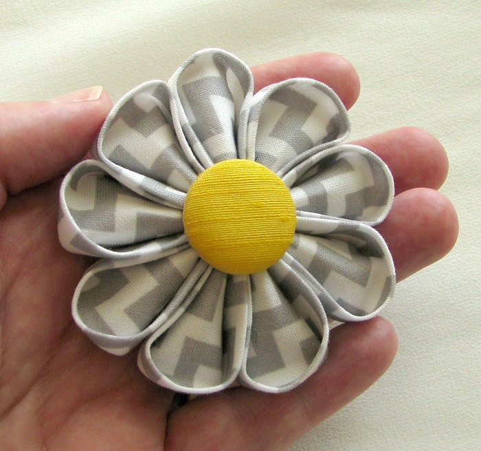 Grey Chevron Print and Yellow Silk Kanzashi Flower Pin, Bridal Fashion Accessory, Buttoniere