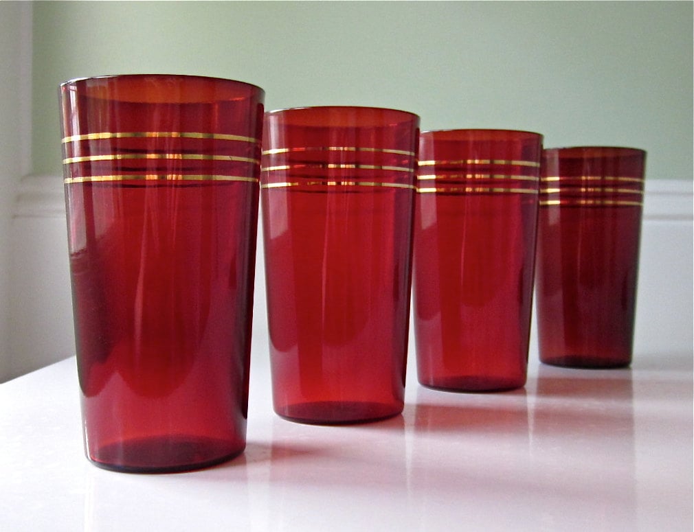 by winkinpossum Red Ruby Depression Glasses Glass  cups Vintage vintage drinking Drinking